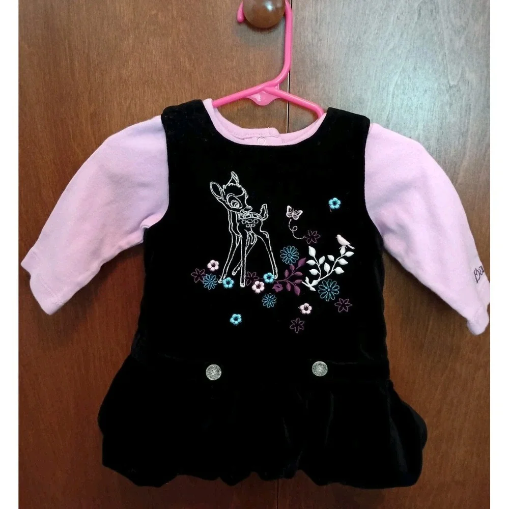 Disney Baby Bambi Velvet Embroidered 3-6 Mths 2 Piece‎ Dress Vintage Y2K